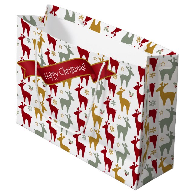 Sacola Para Presentes Grande Red Christmas Reindeer Pattern#12 ID1009 (Frente inclinada)