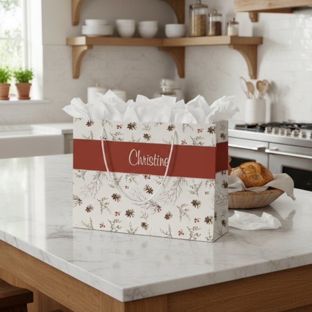 Sacola Para Presentes Grande Red Cream Boho Woodland Winterberry Monogram Name (Criador carregado)