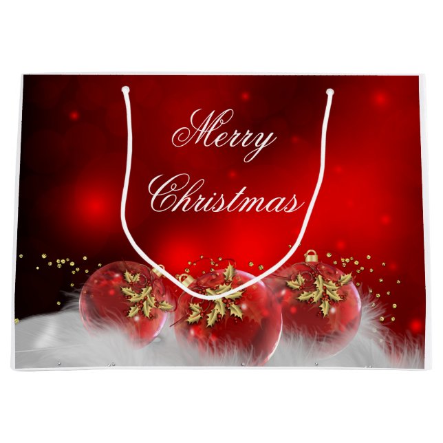 Sacola Para Presentes Grande Red & Dourado Holly Baubles Feliz Natal (Frente)