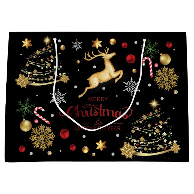 Sacola Para Presentes Grande Red Dourado Reindeer Feliz Árvore de Natal (Frente)