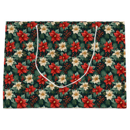 Sacola Para Presentes Grande Red e Cream Poinsettias com Berries