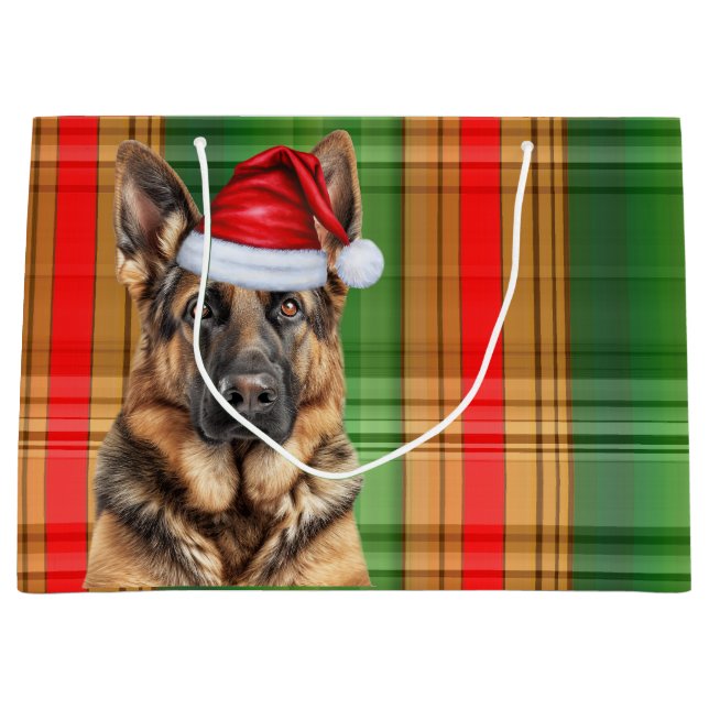 Sacola Para Presentes Grande Red Green Plaid German Shepherd Dog Lover Holiday (Frente)
