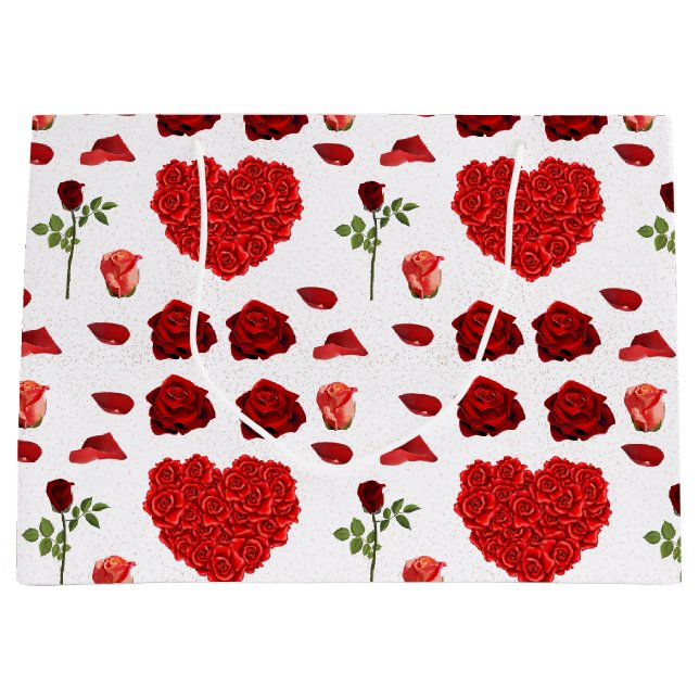Sacola Para Presentes Grande Red heart red flowers garden chic floral foliage (Frente)