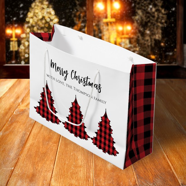 Sacola Para Presentes Grande Red Merry Christmas Buffalo - Verificação personal (Merry Christmas holiday gift wrap with buffalo check pattern Christmas Trees)