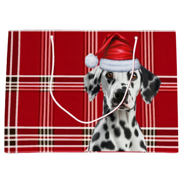 Sacola Para Presentes Grande Red Plaid Dalmatian Dog Lover Holiday (Frente)