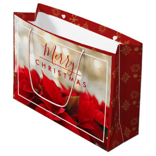 Sacola Para Presentes Grande Red Poinsettias com Ouro Bokeh Natal