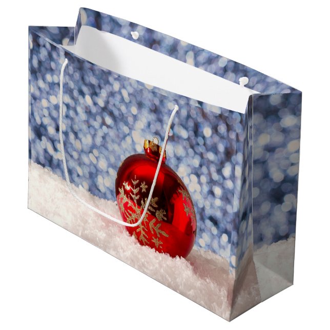 Sacola Para Presentes Grande Red Snowflake Christmas Bauble (Frente inclinada)