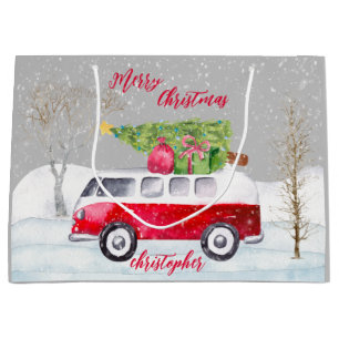 Sacola Para Presentes Grande Red Truck Feliz Cinza de Natal