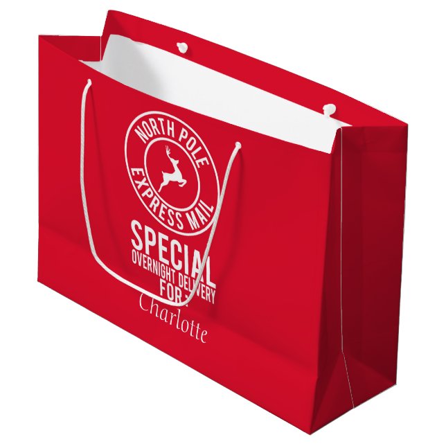 Sacola Para Presentes Grande Red & White North Pole Express Mail Name Gift Bag (Frente inclinada)