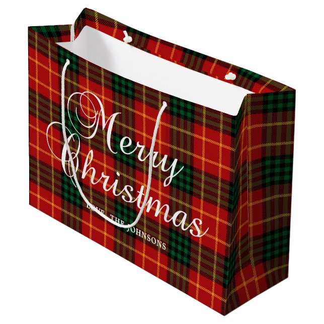 Sacola Para Presentes Grande Red with Green and Gold Christmas Plaid (Frente inclinada)