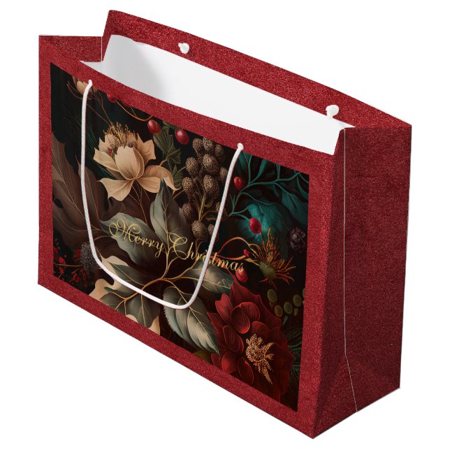 Sacola Para Presentes Grande Reds Florals Merry Christmas (Frente inclinada)