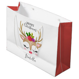 Sacola Para Presentes Grande Reindeer de Feriado Fúcil Personalizado Face Natal