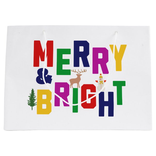 Sacola Para Presentes Grande Reindeer feliz e pinheiro brilhante Snowman (Frente)