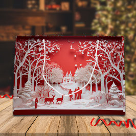 Sacola Para Presentes Grande Reindeers 3D e Pessoas na aldeia