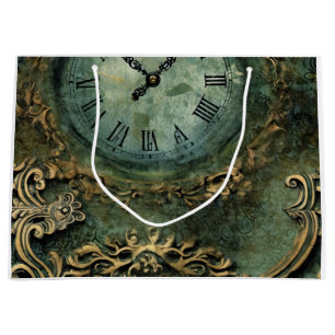 Sacola Para Presentes Grande Relógio Steampunk Rústico Verde Esmeralda