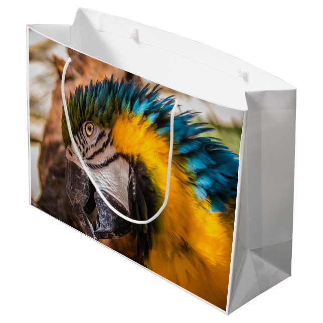 Sacola Para Presentes Grande Retrato de arara azul e amarela (Verso inclinado)