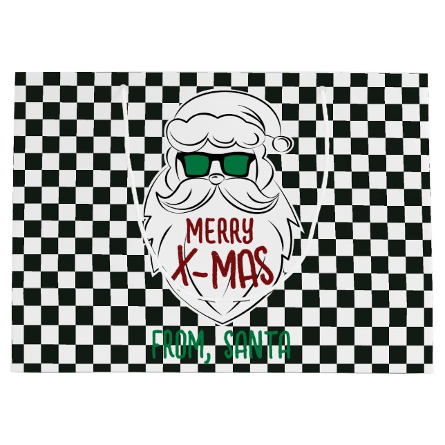 Sacola Para Presentes Grande Retro Black White Checkered Santa Claus Christmas  (Frente)