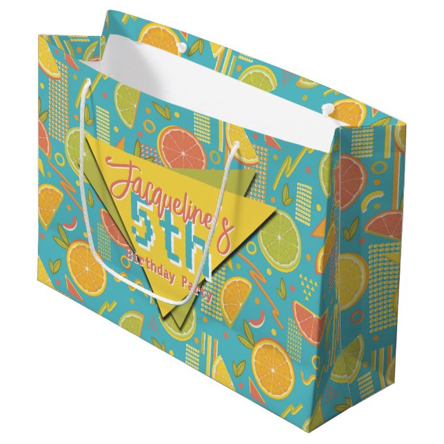 Sacola Para Presentes Grande Retro Blue Summer Citrus Fruit Birthday (Frente inclinada)
