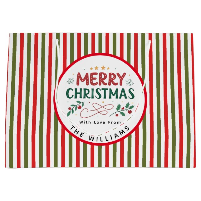 Sacola Para Presentes Grande Retro Christmas Stripe Pattern Custom Christmas (Frente)