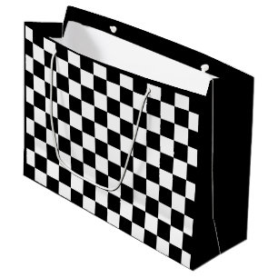 Sacola Para Presentes Grande Retro geométrico em preto e branco dos quadrados v