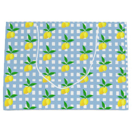 Sacola Para Presentes Grande Retro Preppy Style Yellow Lemons Blue White Check