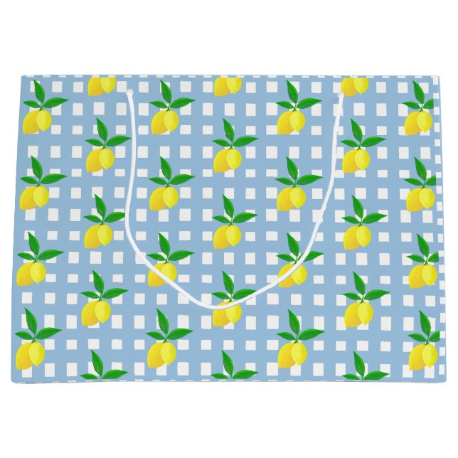 Sacola Para Presentes Grande Retro Preppy Style Yellow Lemons Blue White Check (Frente)