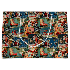 Sacola Para Presentes Grande Retro Vintage Christmas Cards Collage