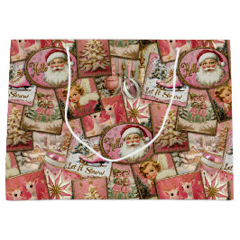 Sacola Para Presentes Grande Retro Vintage Christmas: Pink Collage