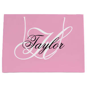 Sacola Para Presentes Grande Rico preto e branco, monograma cor-de-rosa