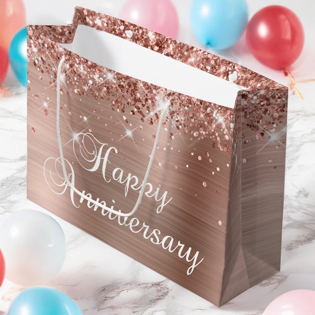 Sacola Para Presentes Grande Rico Rosa Gold Foil Feliz Aniversário (Glittery Rose Gold Foil Fancy Happy Anniversary Large Gift Bag)