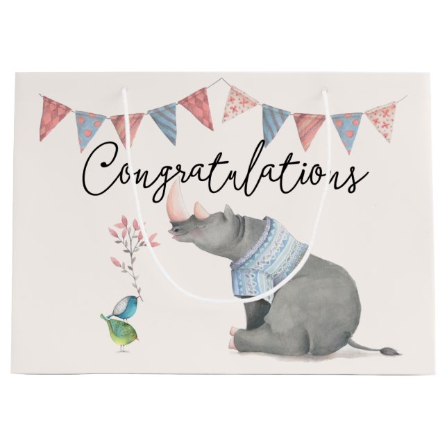 Sacola Para Presentes Grande Rinocerontes Bebês e Birdies Criança Pintada (Frente)