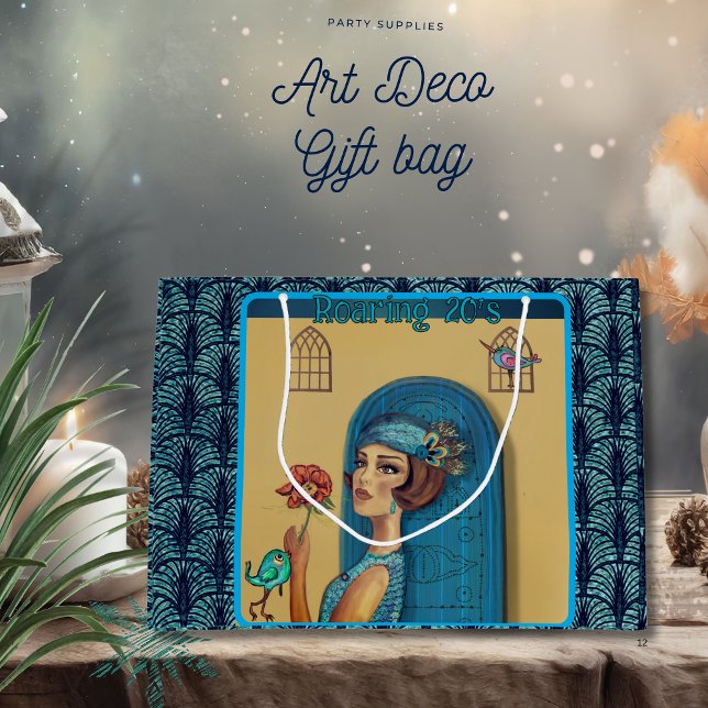 Sacola Para Presentes Grande Roaring Twties Revival Art Deco Blue ( Roaring Twenties Revival Art Deco blue Large Gift Bag )