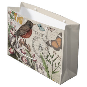 Sacola Para Presentes Grande Robin Elegant Bird Butterfly Arte Francesa