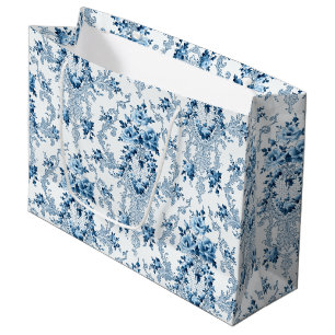 Sacola Para Presentes Grande Rococo Floral francês branco e azul elegante
