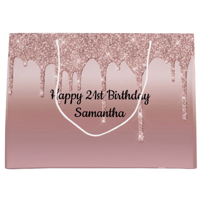 Sacola Para Presentes Grande Rosa Bege Rosa Dourado com Brilho Personalizado (Frente)