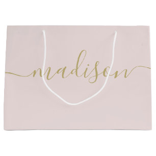 Sacola Para Presentes Grande Rosa Bege Script Feminino Chic Feminil Dourado Per