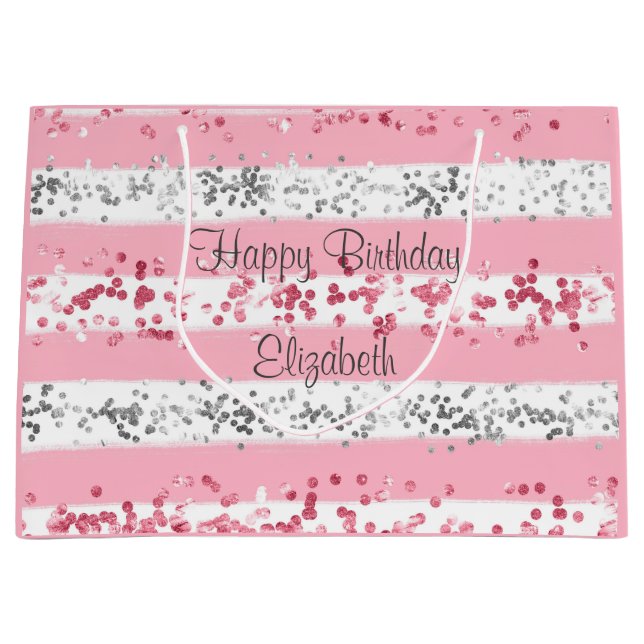 Sacola Para Presentes Grande Rosa Branco Cinza Prateado Brilho Personalizado (Frente)