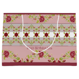 Sacola Para Presentes Grande Rosa Com Borgonha Floral