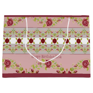 Sacola Para Presentes Grande Rosa Com Borgonha Floral