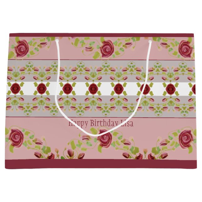 Sacola Para Presentes Grande Rosa Com Borgonha Floral (Frente)