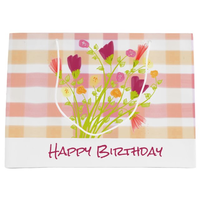 Sacola Para Presentes Grande Rosa Com Borgonha Floral (Frente)