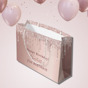 Sacola Para Presentes Grande Rosa de aniversário dourado goteja monograma blush