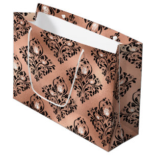Sacola Para Presentes Grande Rosa Dourado Vintage e Floral Damasco Gótico Preto