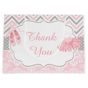 Sacola Para Presentes Grande Rosa e Cinza Chevron Ballerina Obrigado