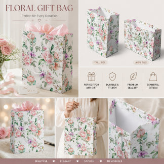 Sacola Para Presentes Grande Rosa e Peônia Floral Rosa Suave em Aquarela
