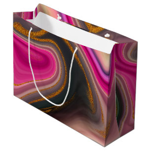 Sacola Para Presentes Grande Rosa e Preto Abstrato com Redemoinhos Dourados