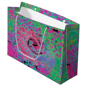Sacola Para Presentes Grande Rosa e Verde Lima Groovy Abstrato Redemoinho Retro