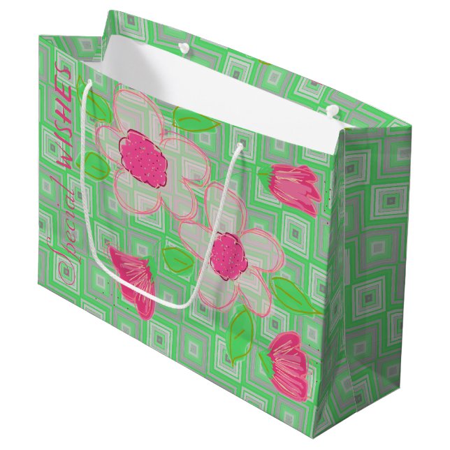 Sacola Para Presentes Grande Rosa Flor Com Verde e Cinzas (Frente inclinada)