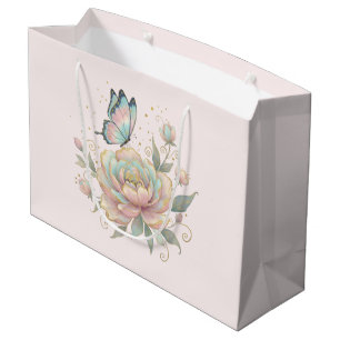 Sacola Para Presentes Grande Rosa Mágica e Borboleta Cores Pastel