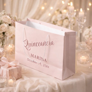 Sacola Para Presentes Grande Rosa ouro nome script Quinceanera